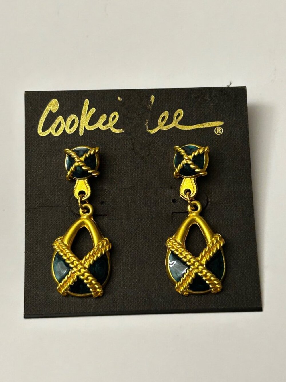 Cookie Lee Vintage Gold Tone Rope Criss Cross Teal Enamel Drop Earrings NIP NEW
